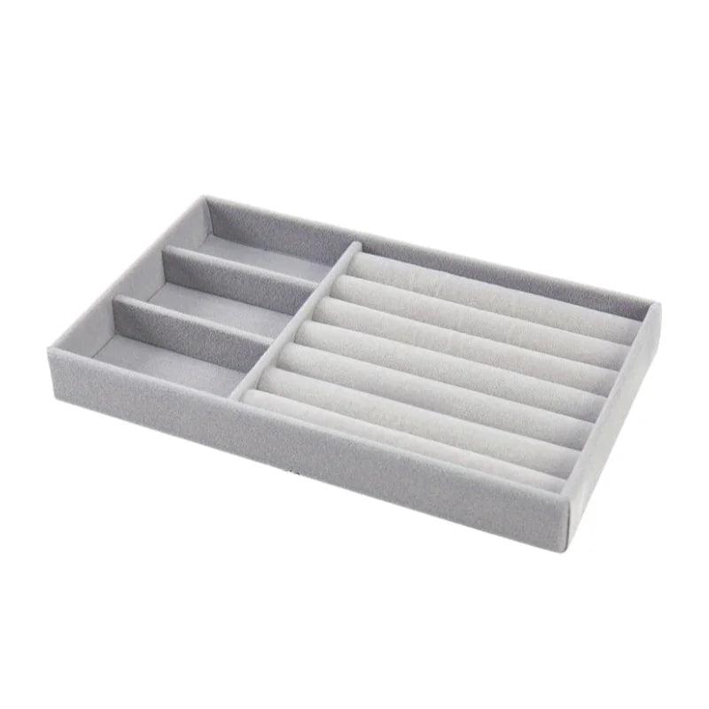 Stackable Velvet Jewelry Tray - Grey, Rectangular Storage Drawer for Rings, Necklaces, and Earrings, Jewelry Storage