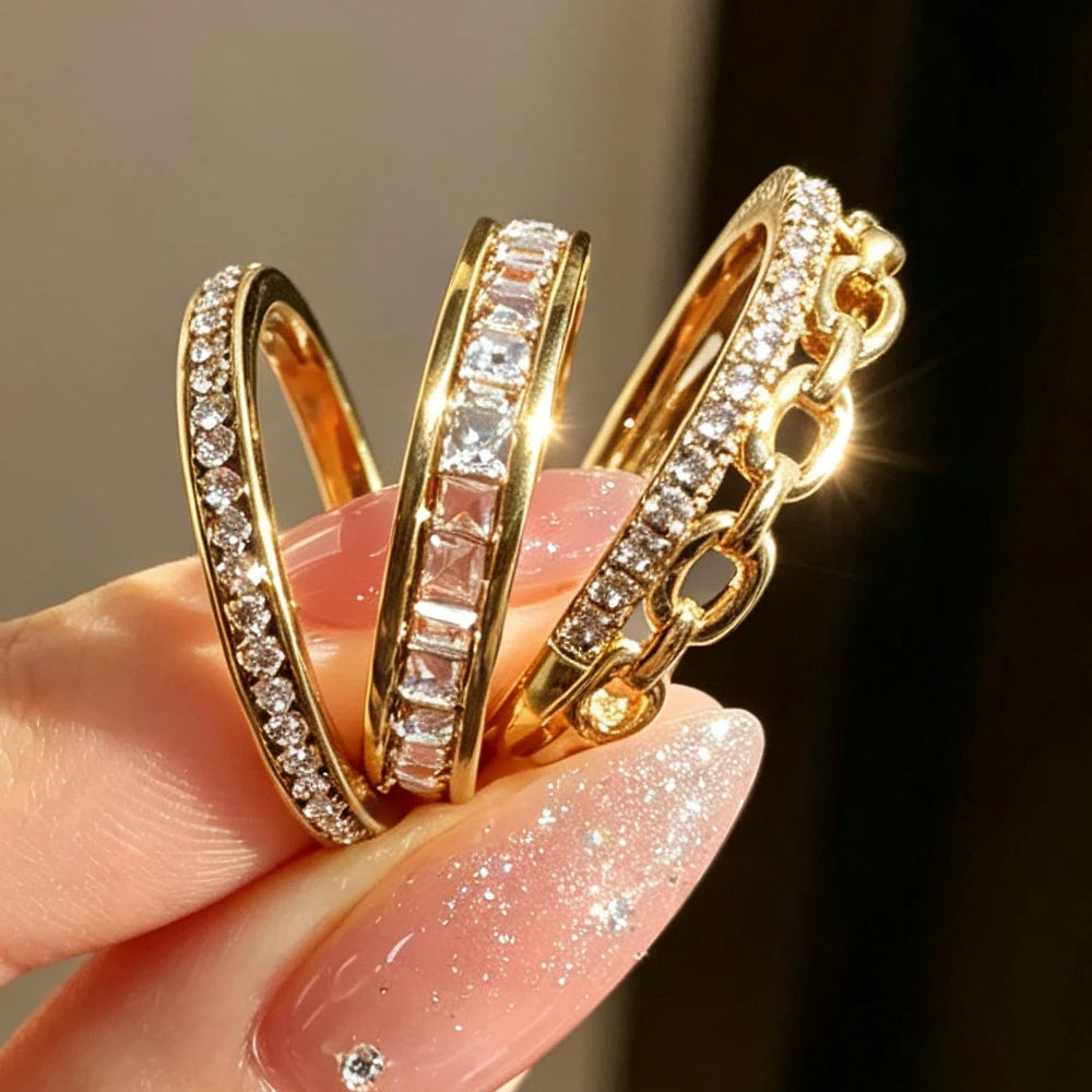 Yupsk New 3pcs/set Dazzling Zircon Stainless Steel Copper Stackable Rings for Women Exquisite Fashion Daily Accessories