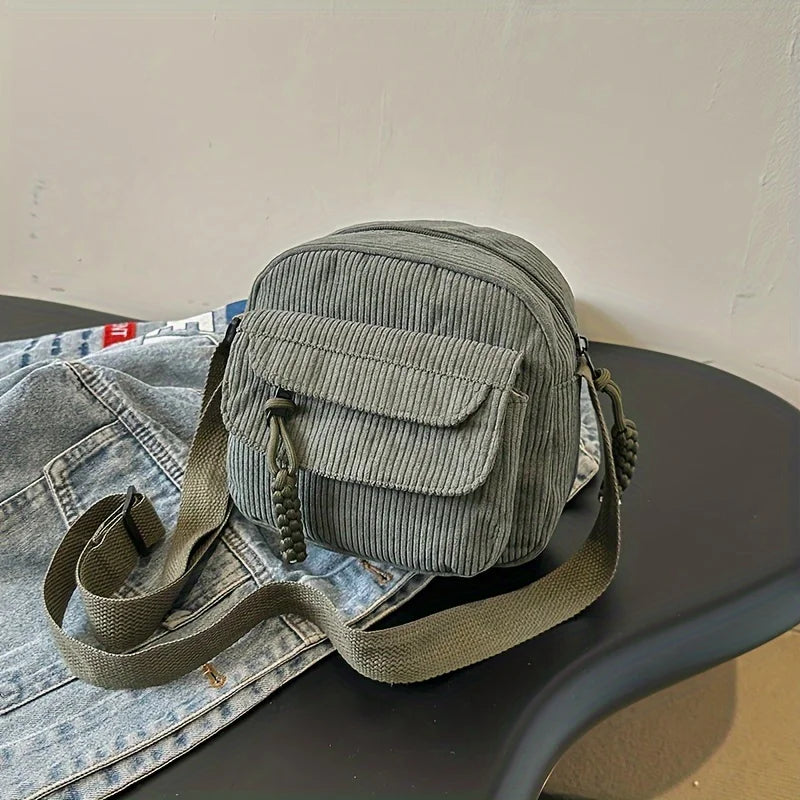 1 Corduroy Crossbody Bag with Zipper, Striped Pattern,Polyester Lining, Men's and Women's Casual Style Multi Pocket Shoulder Bag