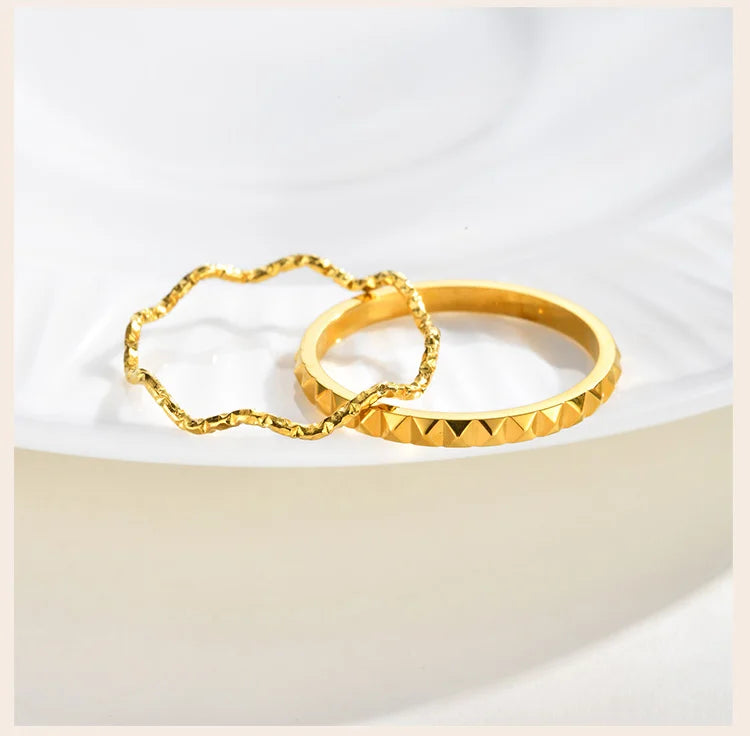 Stackable Wave Ring Thin Band, Golden Color Stainless Steel Waterproof Daily Wear Anti Tarnish Party Jewelry for Women