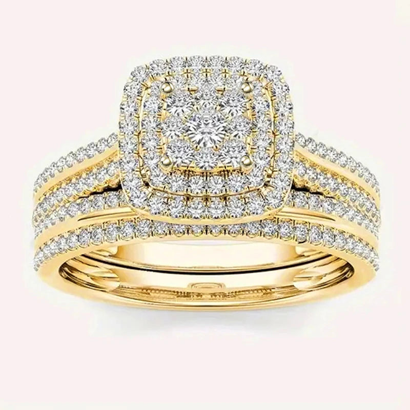 Huitan Double Stackable Set Rings Women for Wedding Luxury Gold Color AA Cubic Zirconia 2Pcs Rings Engagement Party Jewelry