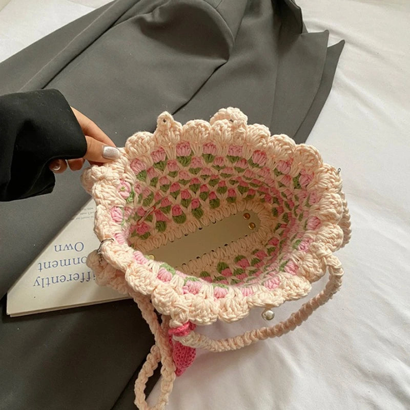 Crochet Crossbody Bag for Women Girl Handmade Color Block Handbag Lightweight Casual Summer Daily Purse