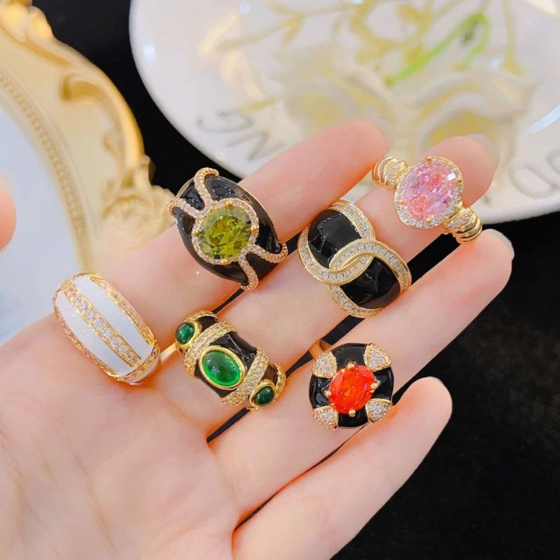 Women's Enamel Gemstone Stackable Rings - Black and White Colors - 3-carat Cubic Zirconia - Wide Ring Fashionable Jewelry