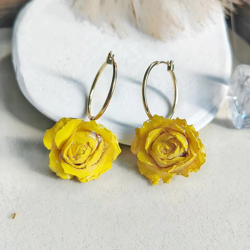 Multicolor Immortal Rose Flower Earrings Elegant Rose Hoop Earrings Epoxy Resin Natural Rose Dangle Earrings Custom Packaging