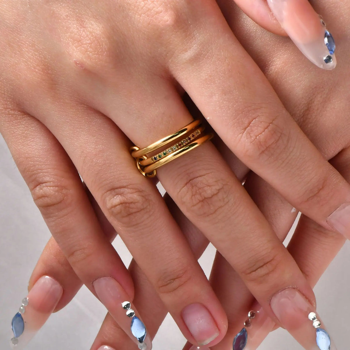 New Stainless Steel Colorful Cubic Zirconia Stackable Rings for Women 18k GoldPlating Multi-Link Connected Statement Ring Stack