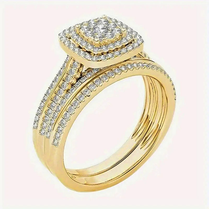 Huitan Double Stackable Set Rings Women for Wedding Luxury Gold Color AA Cubic Zirconia 2Pcs Rings Engagement Party Jewelry