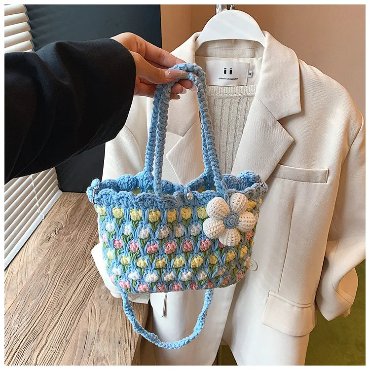 Crochet Crossbody Bag for Women Girl Handmade Color Block Handbag Lightweight Casual Summer Daily Purse
