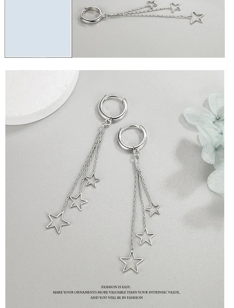 Elegant Popular Three Stars Hoop Earrings For Women 925 Sterling Silver Party Jewelry Beautiful Long Tassel EarringElegant