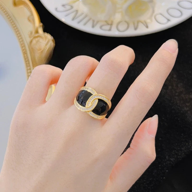 Women's Enamel Gemstone Stackable Rings - Black and White Colors - 3-carat Cubic Zirconia - Wide Ring Fashionable Jewelry