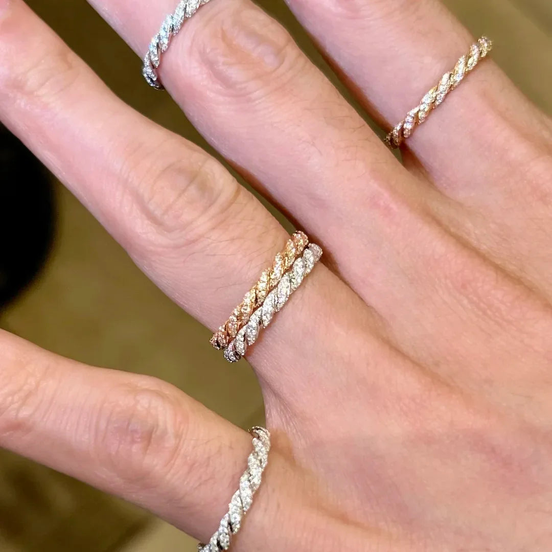 S925 Sterling Silver Twisted Stackable Ring, Women’s Full Zirconia Index Ring with a Small Row of Stones