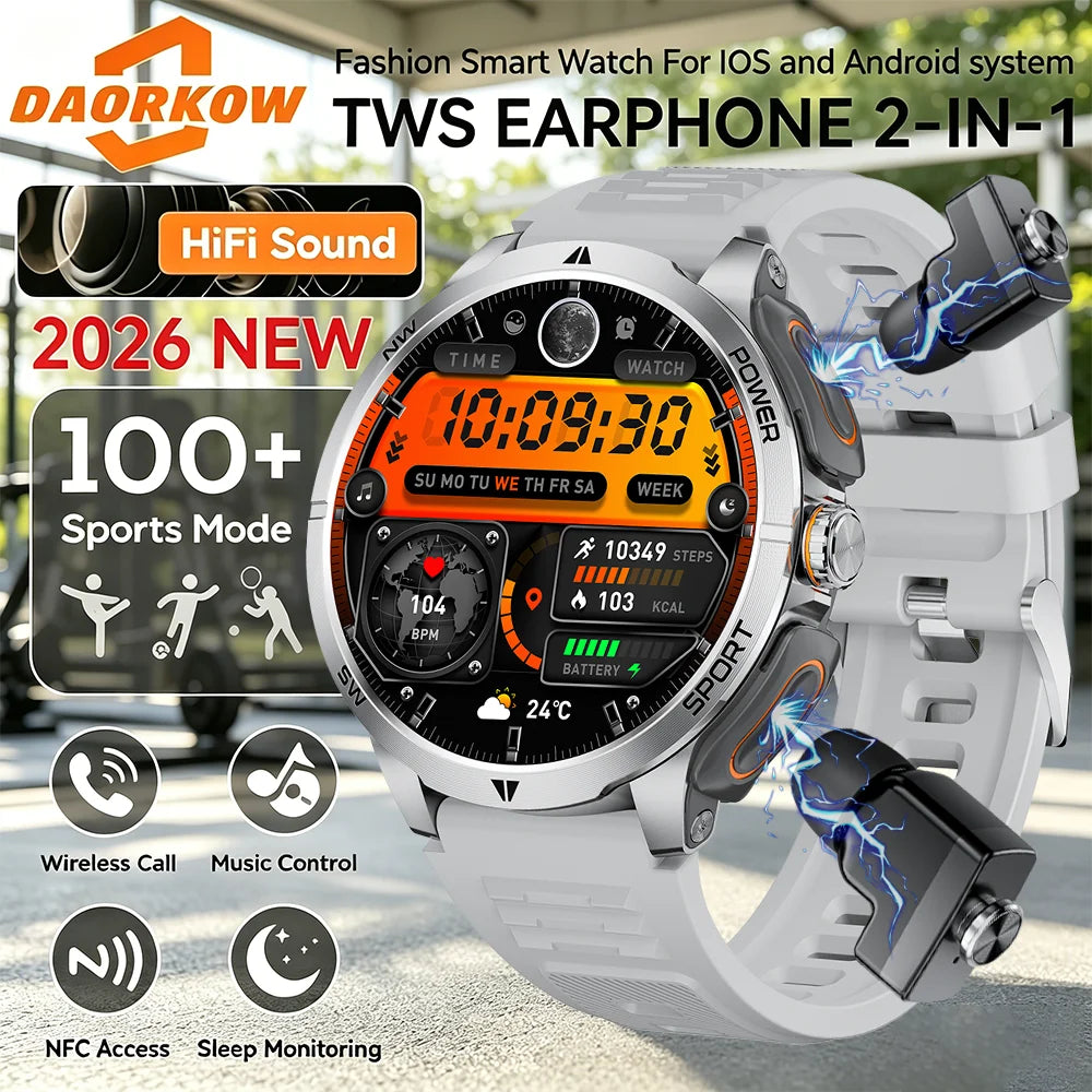 2026 2 In 1 TWS Headset Smart Watch 1.43" Earphones Music Smartwatch Women Men Sport Fitness Heart Rate Health Tracker Watches