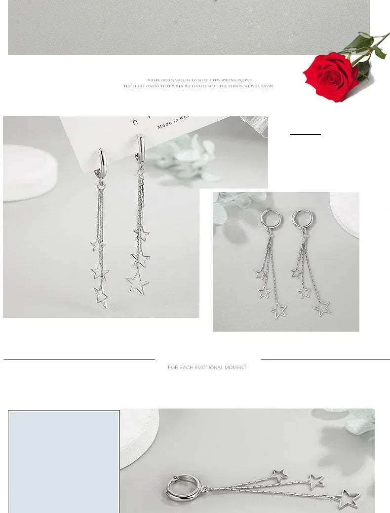 Elegant Popular Three Stars Hoop Earrings For Women 925 Sterling Silver Party Jewelry Beautiful Long Tassel EarringElegant