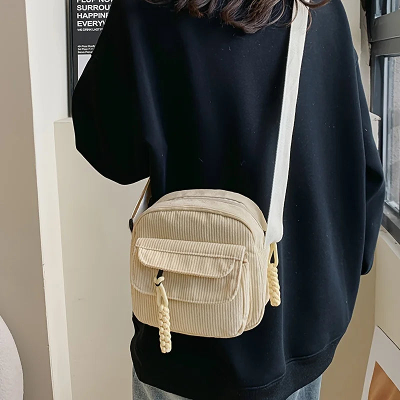 1 Corduroy Crossbody Bag with Zipper, Striped Pattern,Polyester Lining, Men's and Women's Casual Style Multi Pocket Shoulder Bag