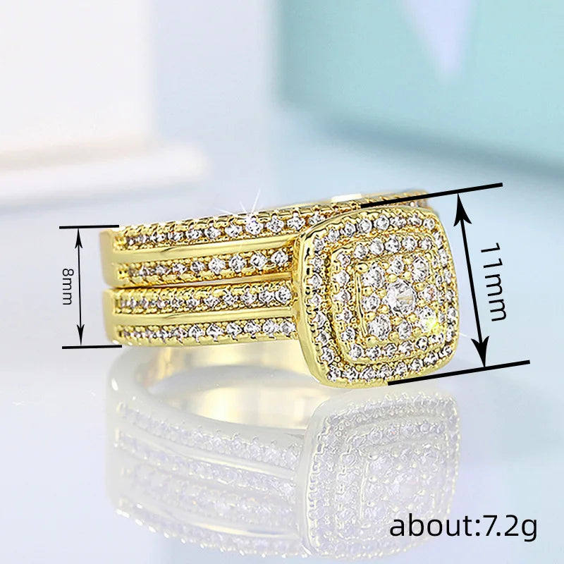 Huitan Double Stackable Set Rings Women for Wedding Luxury Gold Color AA Cubic Zirconia 2Pcs Rings Engagement Party Jewelry
