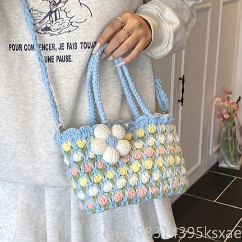 Crochet Crossbody Bag for Women Girl Handmade Color Block Handbag Lightweight Casual Summer Daily Purse