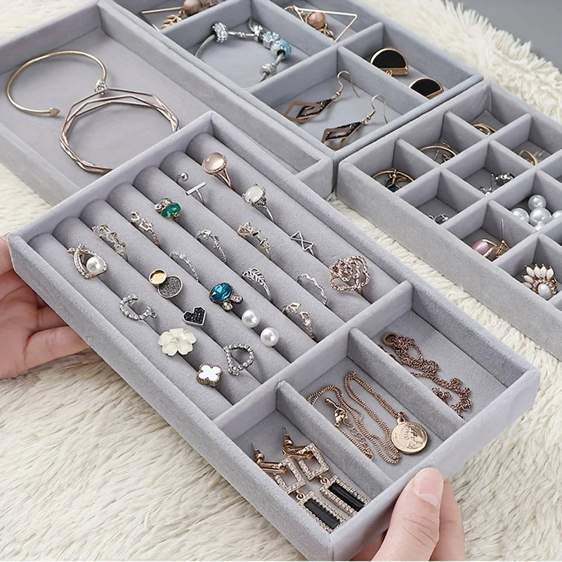 Stackable Velvet Jewelry Tray - Grey, Rectangular Storage Drawer for Rings, Necklaces, and Earrings, Jewelry Storage