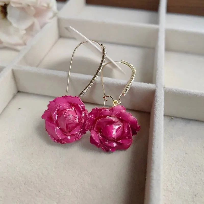 Multicolor Immortal Rose Flower Earrings Elegant Rose Hoop Earrings Epoxy Resin Natural Rose Dangle Earrings Custom Packaging