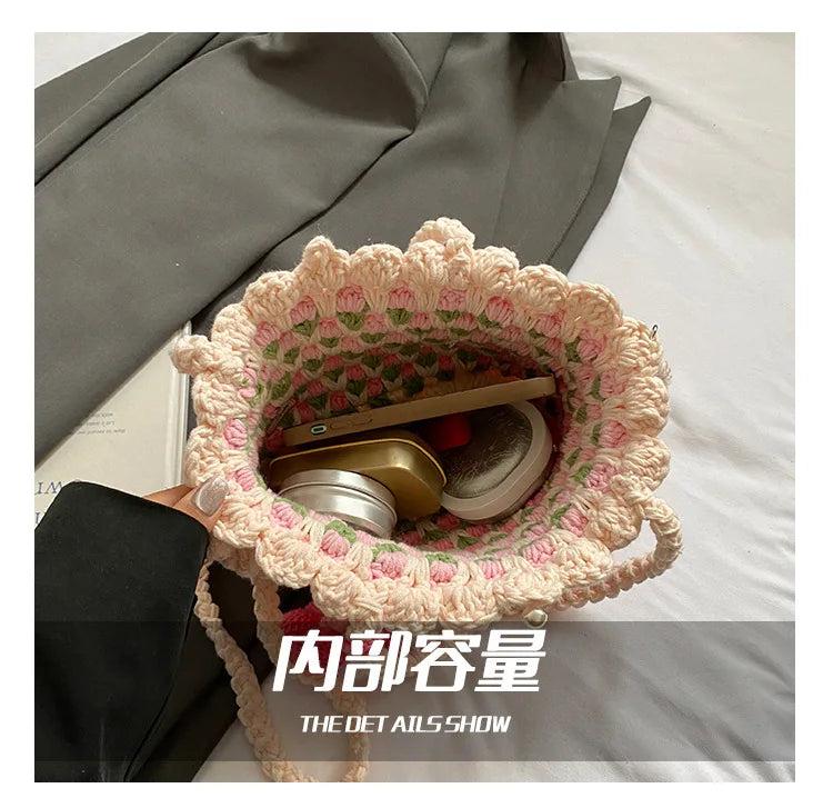 Crochet Crossbody Bag for Women Girl Handmade Color Block Handbag Lightweight Casual Summer Daily Purse