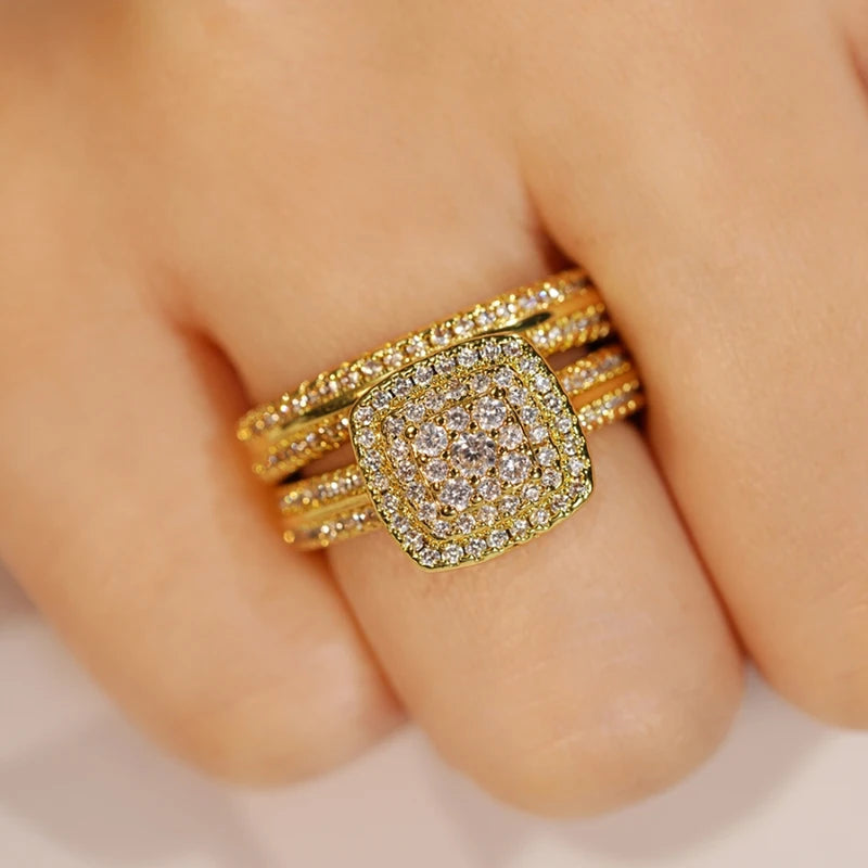 Huitan Double Stackable Set Rings Women for Wedding Luxury Gold Color AA Cubic Zirconia 2Pcs Rings Engagement Party Jewelry