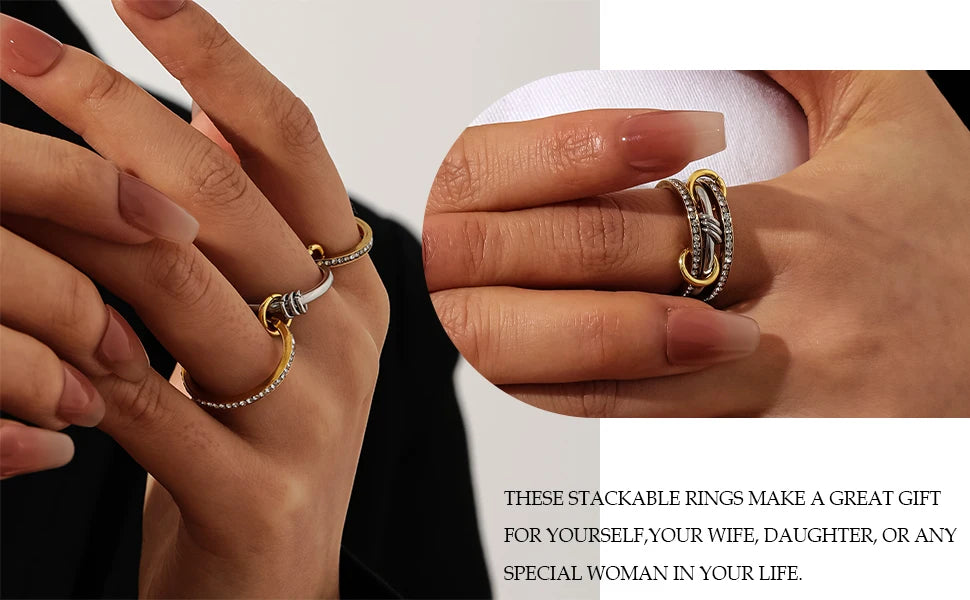 New Stainless Steel Cubic Zirconia Stackable Rings for Women 18k GoldPlating Multi-Link Connected Statement Ring Stack Jewelry