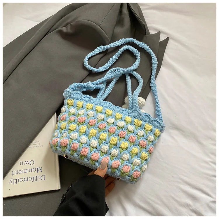 Crochet Crossbody Bag for Women Girl Handmade Color Block Handbag Lightweight Casual Summer Daily Purse
