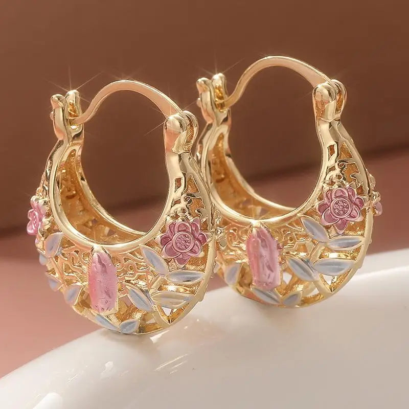 Elegant Carved Hollow Hoop Earrings Exquisite Accessories For Women Jewelry For Holiday Weddings Jewelry Gift Accessories