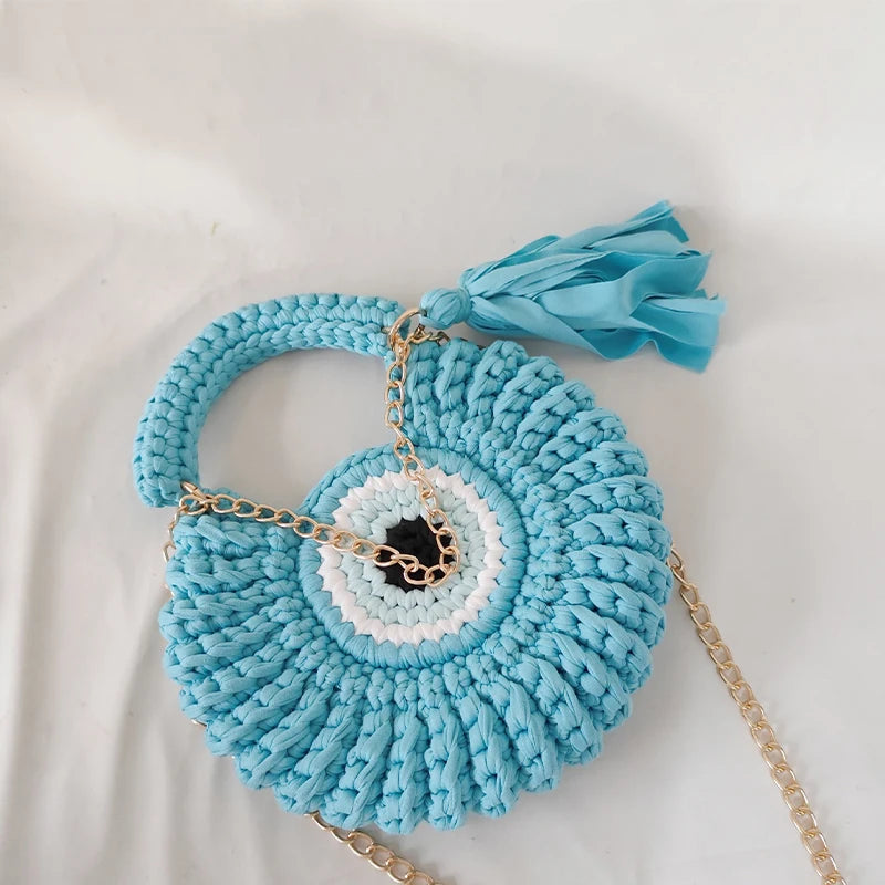 Knitted Crossbody Shoulder Bag,Handmade Weave Contrast Color Chain Compact Chic Women Sling Bag,Delicate Big Eyed Monster Purse