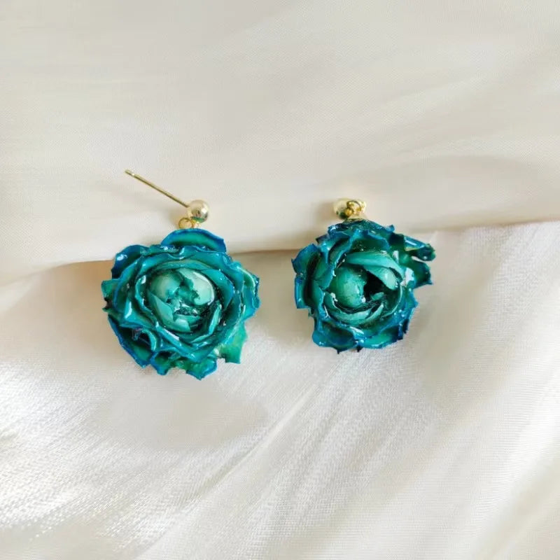 Multicolor Immortal Rose Flower Earrings Elegant Rose Hoop Earrings Epoxy Resin Natural Rose Dangle Earrings Custom Packaging