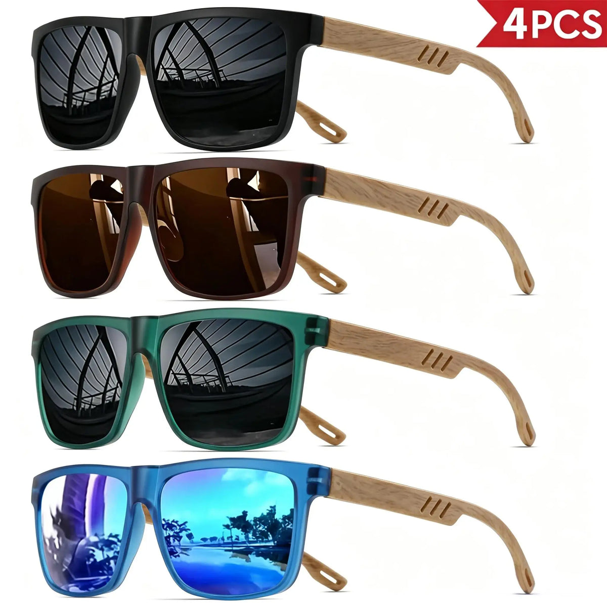 4-Piece Set of Wood-Grain Style Sunglasses – Classic Retro Square Frames, Unisex Comfortable Fit Design, Suitable for Daily Life and Activities, Casual Style, Ordinary Decorative Glasses