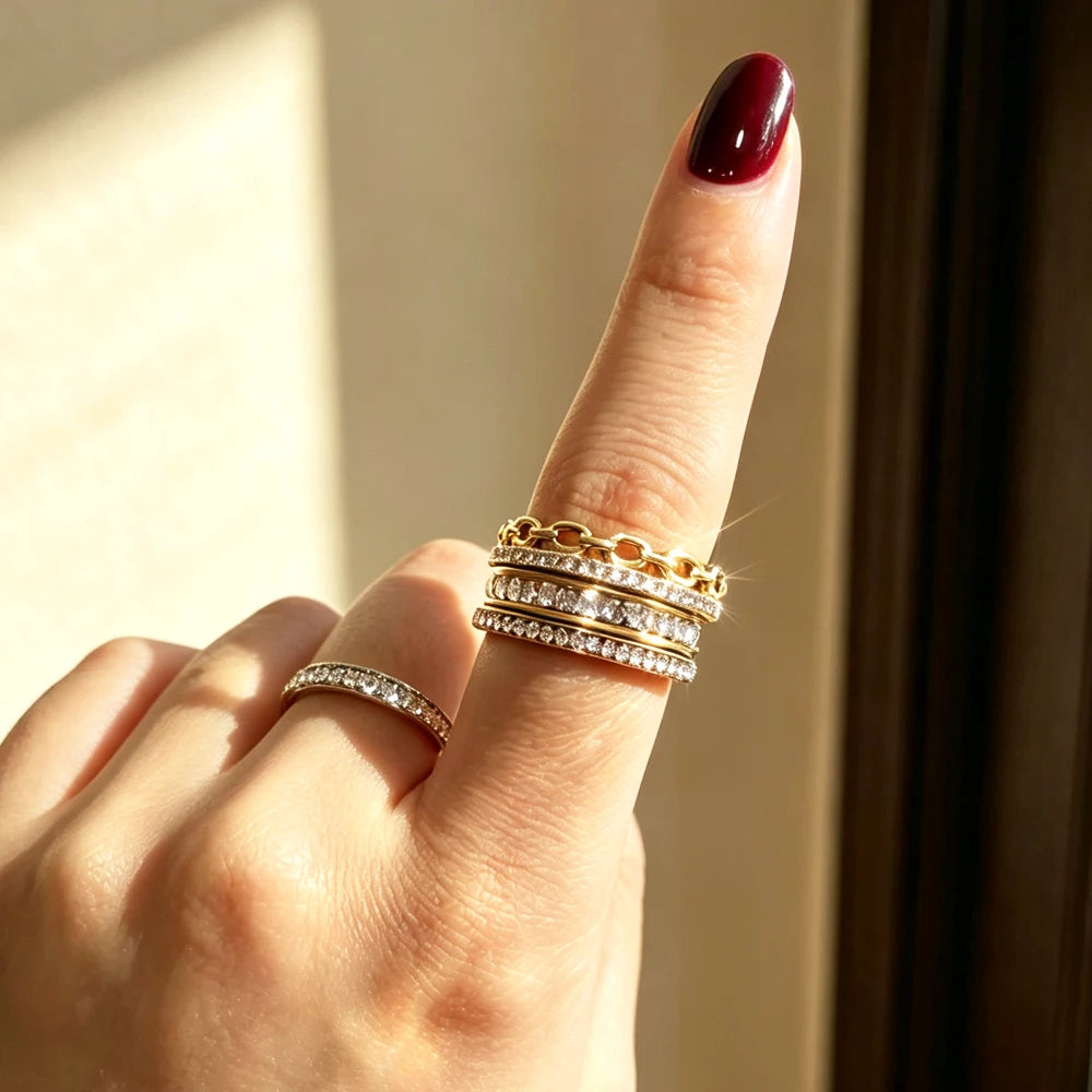 Yupsk New 3pcs/set Dazzling Zircon Stainless Steel Copper Stackable Rings for Women Exquisite Fashion Daily Accessories