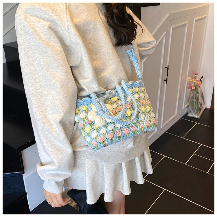 Crochet Crossbody Bag for Women Girl Handmade Color Block Handbag Lightweight Casual Summer Daily Purse