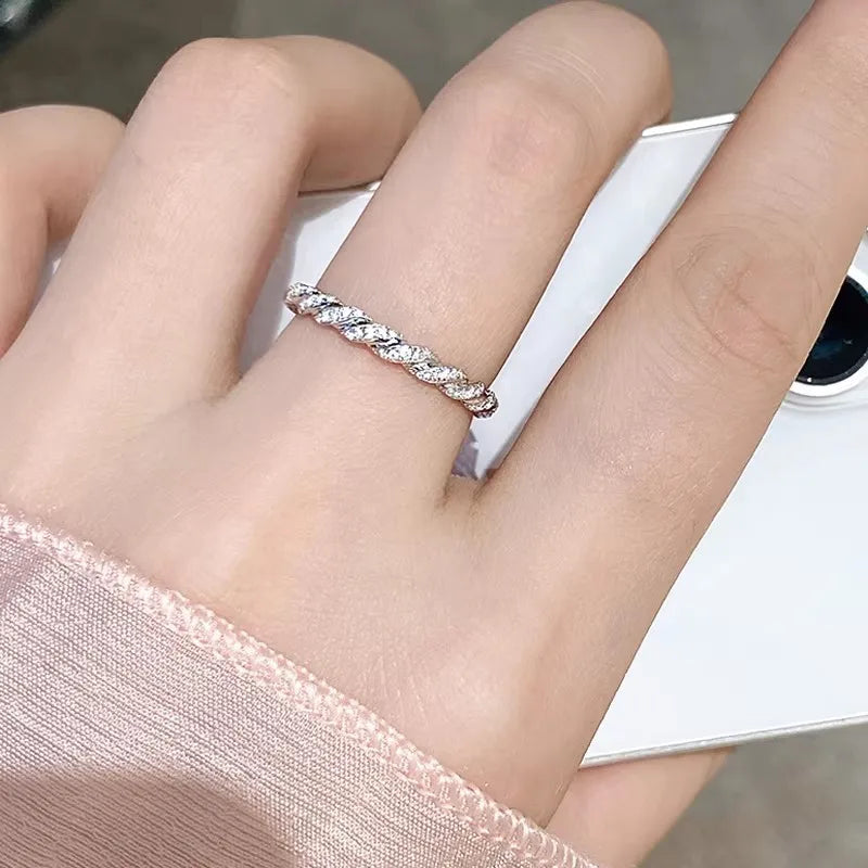 S925 Sterling Silver Twisted Stackable Ring, Women’s Full Zirconia Index Ring with a Small Row of Stones