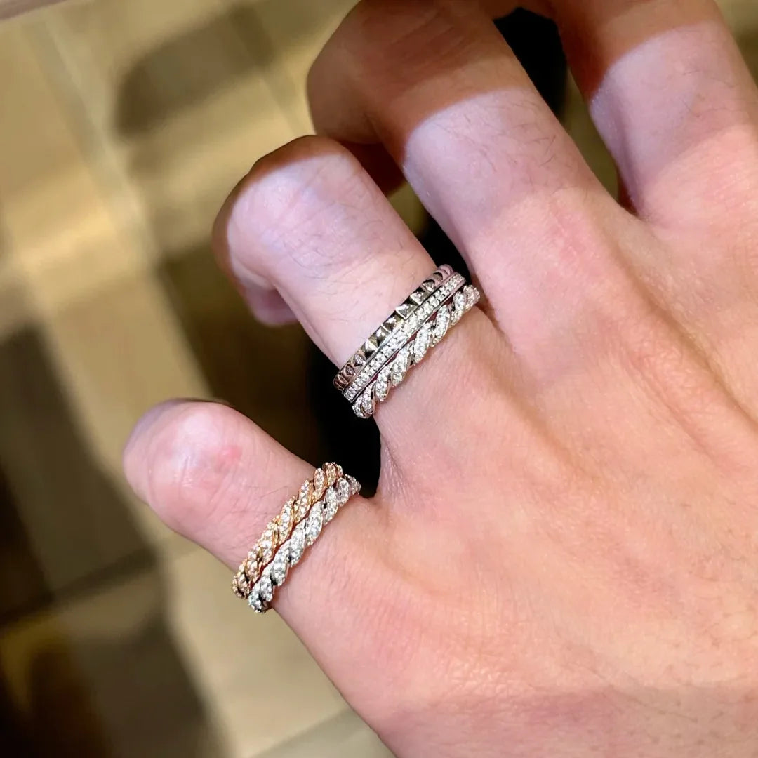 S925 Sterling Silver Twisted Stackable Ring, Women’s Full Zirconia Index Ring with a Small Row of Stones