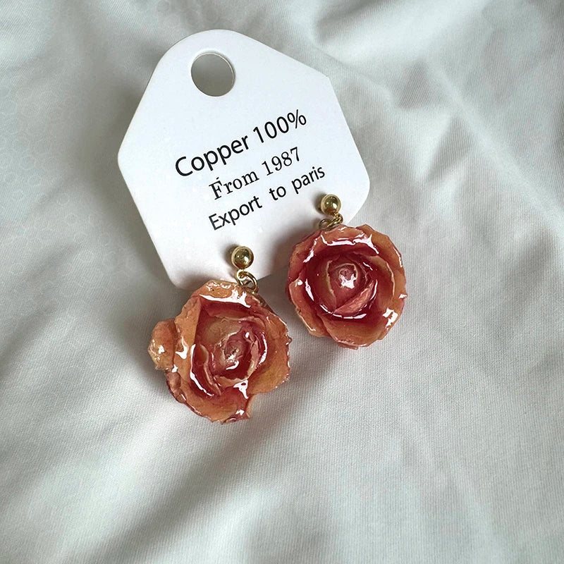 Multicolor Immortal Rose Flower Earrings Elegant Rose Hoop Earrings Epoxy Resin Natural Rose Dangle Earrings Custom Packaging