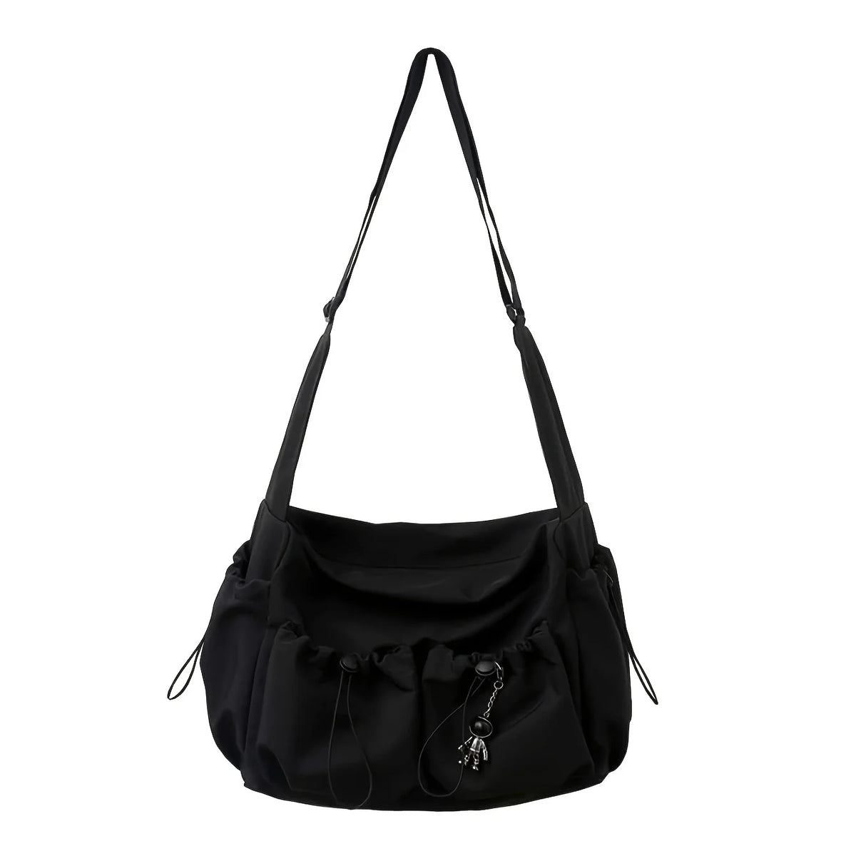 Fashionable Crossbody Bag with Drawstring Accent - Spacious & Secure Zipper Closure - Includes Stylish Bag Charm