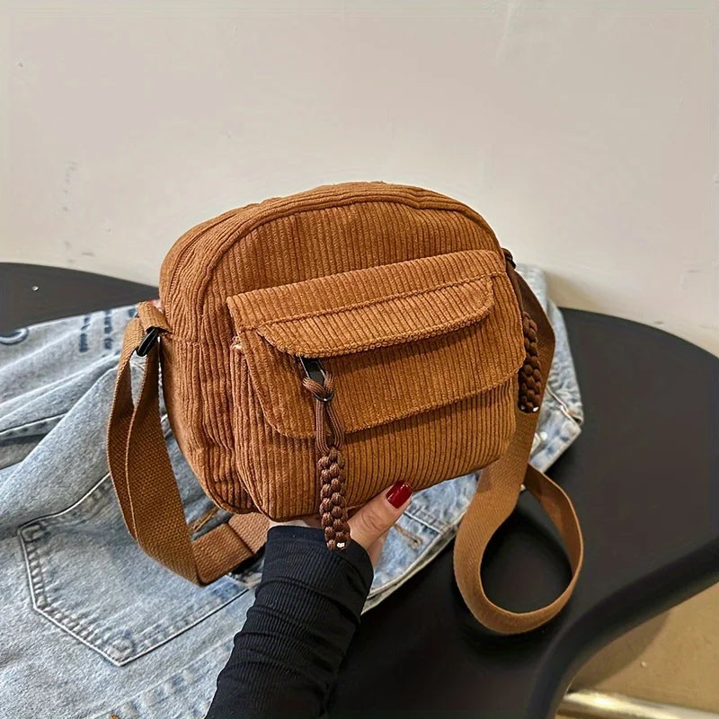 1 Corduroy Crossbody Bag with Zipper, Striped Pattern,Polyester Lining, Men's and Women's Casual Style Multi Pocket Shoulder Bag