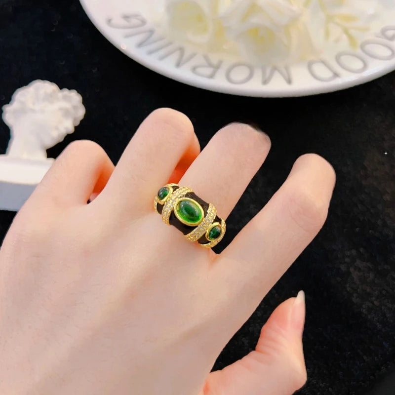 Women's Enamel Gemstone Stackable Rings - Black and White Colors - 3-carat Cubic Zirconia - Wide Ring Fashionable Jewelry