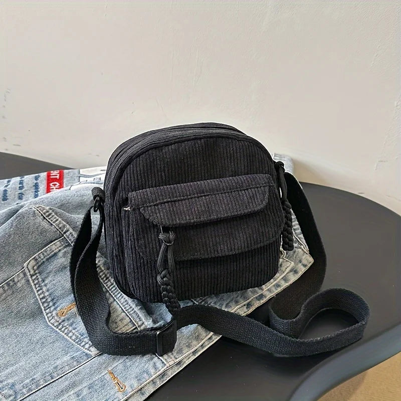 1 Corduroy Crossbody Bag with Zipper, Striped Pattern,Polyester Lining, Men's and Women's Casual Style Multi Pocket Shoulder Bag
