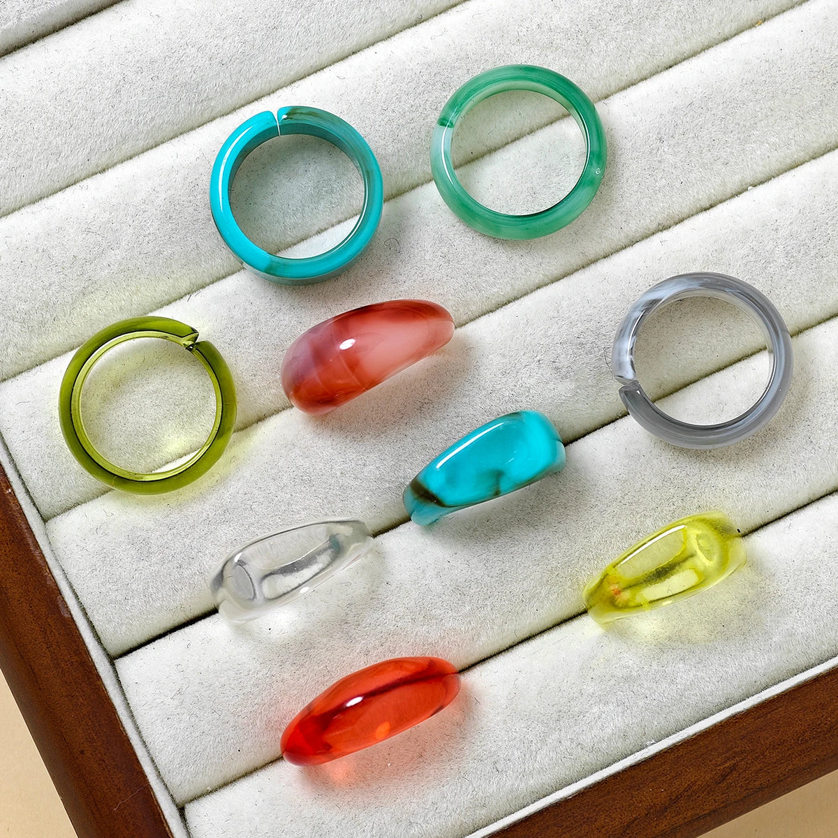 9pcs Retro Blush Resin Stackable Rings For Women Ins Geometric Design Turquoise Exaggerated Finger Ring Set