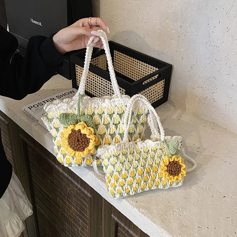 Crochet Crossbody Bag for Women Girl Handmade Color Block Handbag Lightweight Casual Summer Daily Purse
