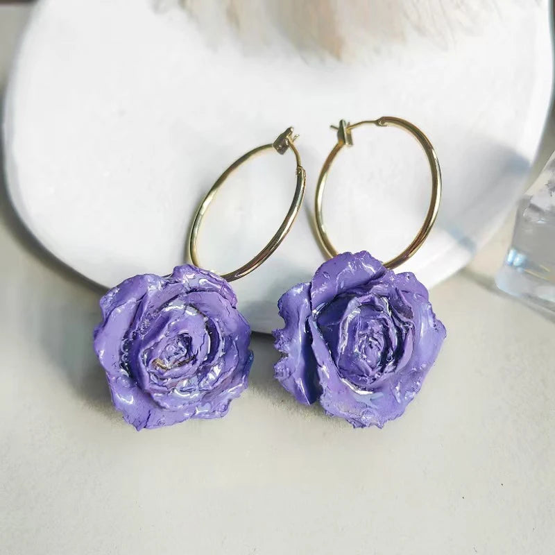 Multicolor Immortal Rose Flower Earrings Elegant Rose Hoop Earrings Epoxy Resin Natural Rose Dangle Earrings Custom Packaging