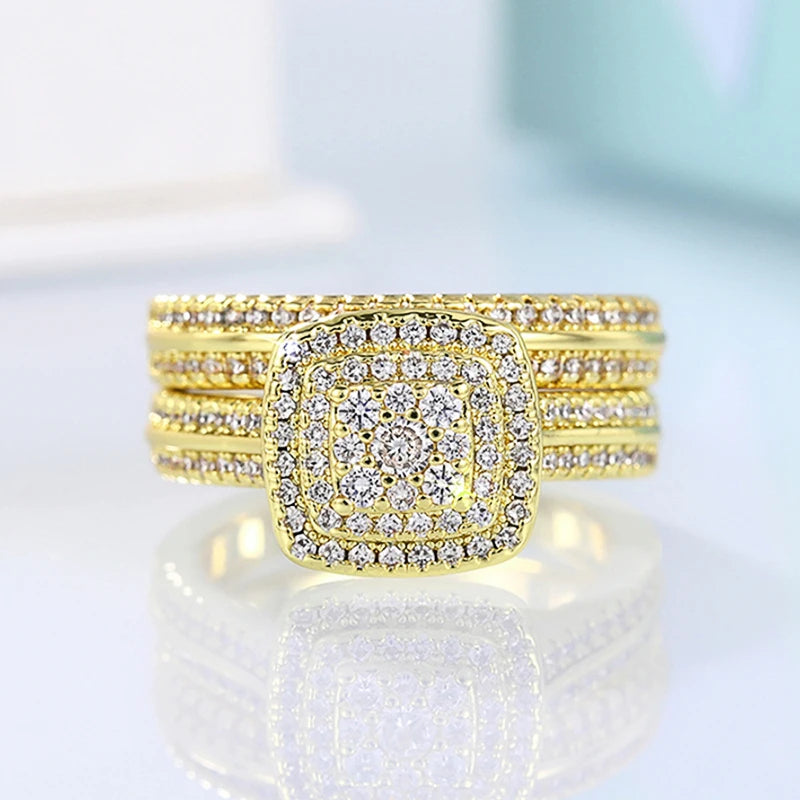 Huitan Double Stackable Set Rings Women for Wedding Luxury Gold Color AA Cubic Zirconia 2Pcs Rings Engagement Party Jewelry