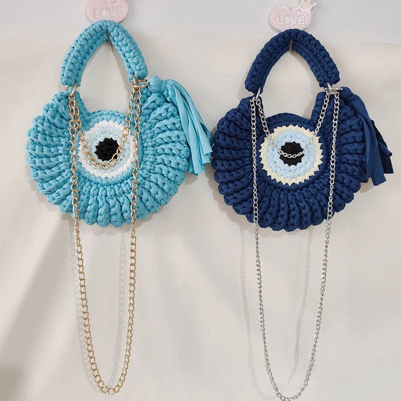 Knitted Crossbody Shoulder Bag,Handmade Weave Contrast Color Chain Compact Chic Women Sling Bag,Delicate Big Eyed Monster Purse