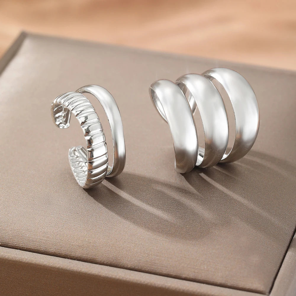 Stainless Steel Ring Irregular Geometric Triple Stacking Skeleton Ring Open Adjustable Three Piece Ring Set Commuter Matching
