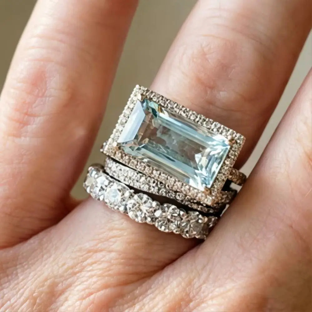Large Rectangular Stone Stackable Ring Set European Style Fine Inlay Craft Stacking Rings Trendy Style Shine Brightly