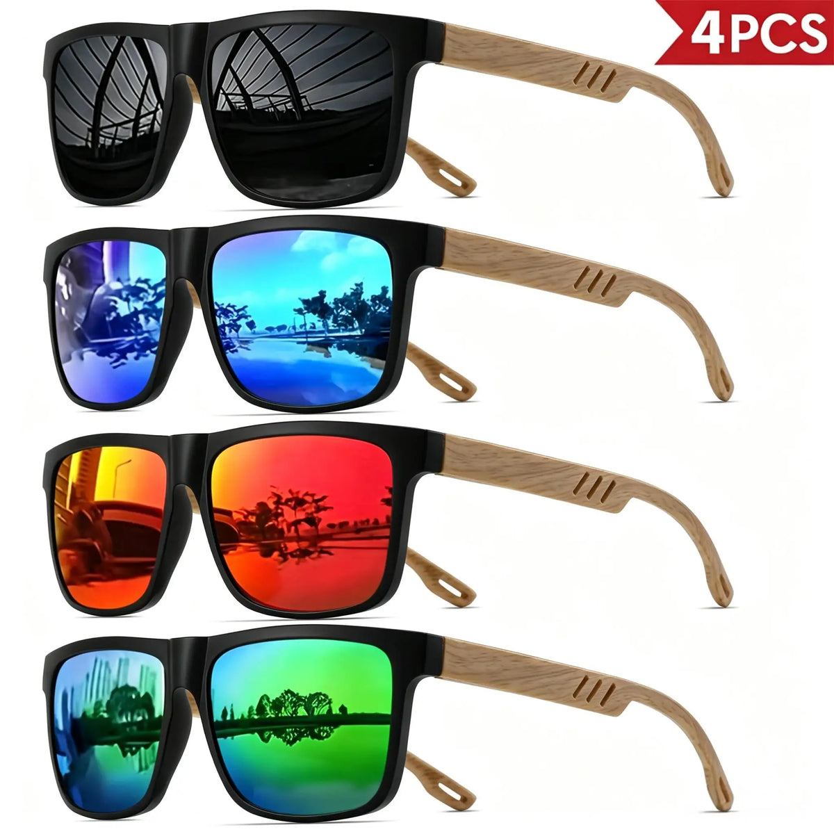 4-Piece Set of Wood-Grain Style Sunglasses – Classic Retro Square Frames, Unisex Comfortable Fit Design, Suitable for Daily Life and Activities, Casual Style, Ordinary Decorative Glasses
