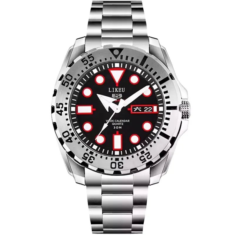 Stylish No.5 Men's Luxury Stainless Steel Luminous Diver Watch, Waterproof Dual Calendar Quartz & Steel Band, Top Gift.