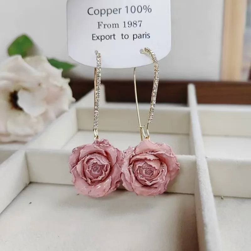 Multicolor Immortal Rose Flower Earrings Elegant Rose Hoop Earrings Epoxy Resin Natural Rose Dangle Earrings Custom Packaging