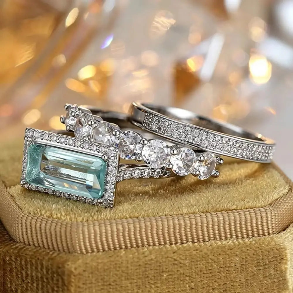 Large Rectangular Stone Stackable Ring Set European Style Fine Inlay Craft Stacking Rings Trendy Style Shine Brightly