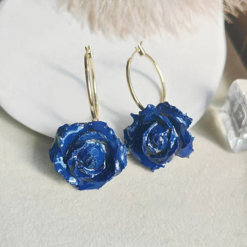 Multicolor Immortal Rose Flower Earrings Elegant Rose Hoop Earrings Epoxy Resin Natural Rose Dangle Earrings Custom Packaging